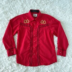 Red Western Button Down Shirt with Embroidered Details